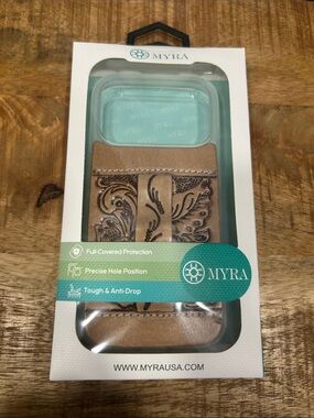 New Myra Bag Tan Floral Embossed Leather iPhone 17 Pro case